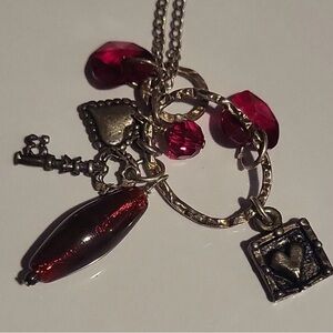 Sterling Silver  Charm Necklace  Red Crystals And Sterling Charms